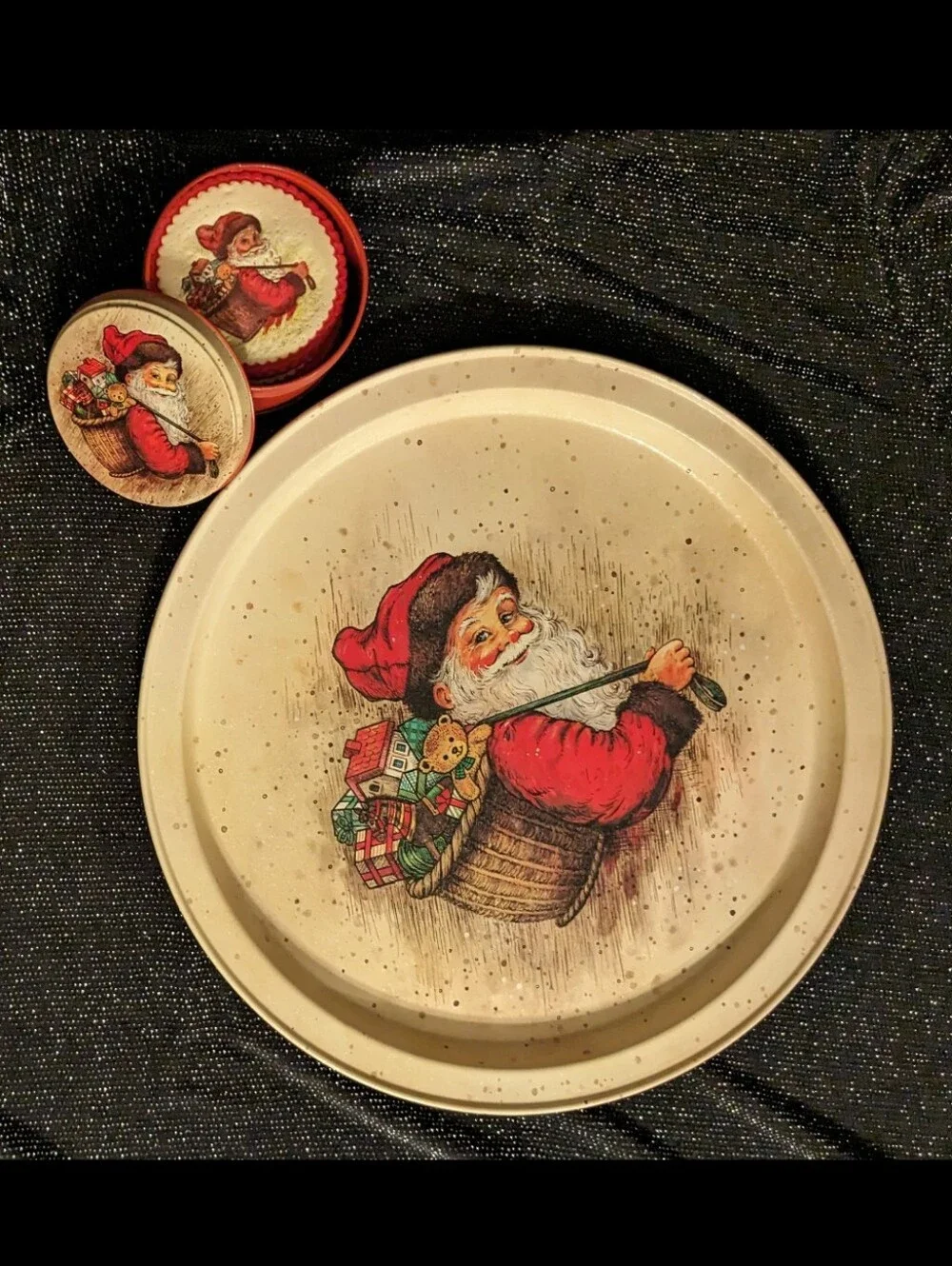 2 Vintage 1986 Potpourri Press Santa Claus Christmas Tins Serving Platter Jar